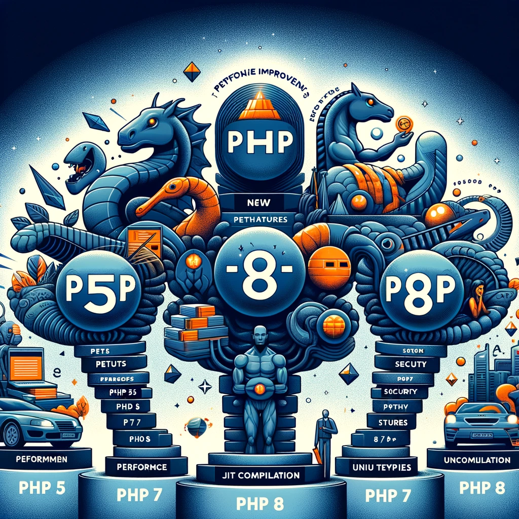 Understanding PHP Versions: What You Need to Know 1 key features and improvements of PHP 5 PHP 7 and PHP 8. The image should include